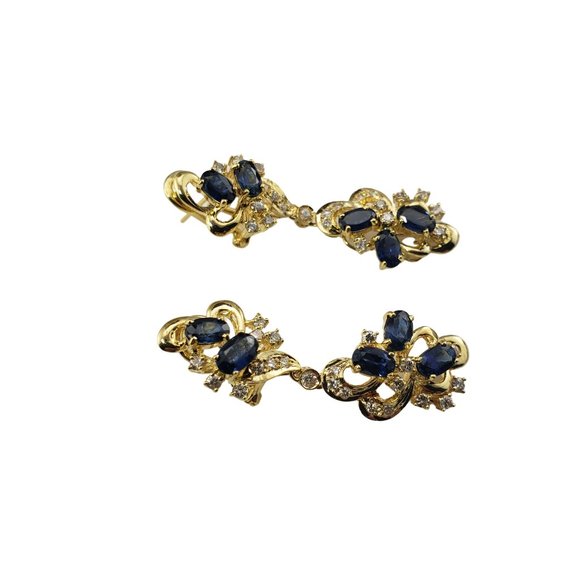 Vintage 18 Karat Yellow Gold Natural Sapphire and Diamond Dangle Earrings #10739 - Picture 3 of 8